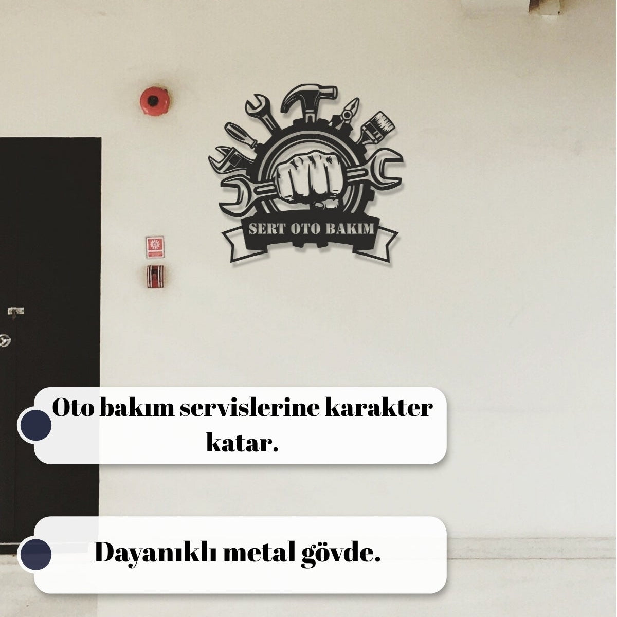 Oto tamirhaneleri ve servis alanları için uygun kişiye özel endüstriyel tasarımlı metal duvar dekoru.