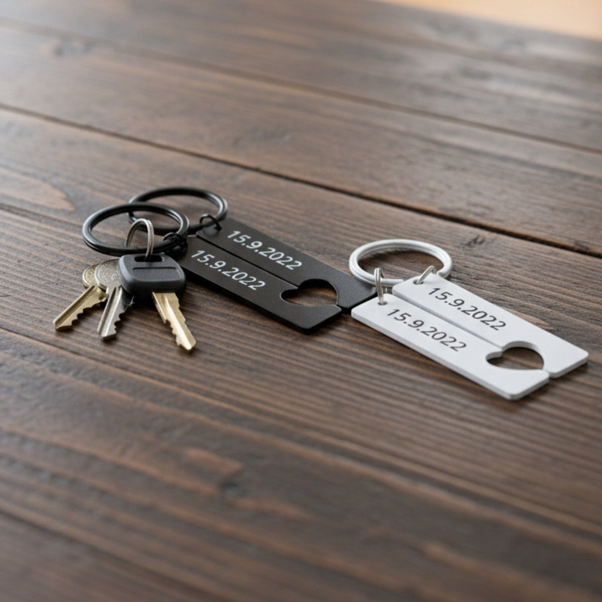 Uzerine ozel tarih yazilabilen siyah ve beyaz seçenkli metal cift anahtarlik seti.