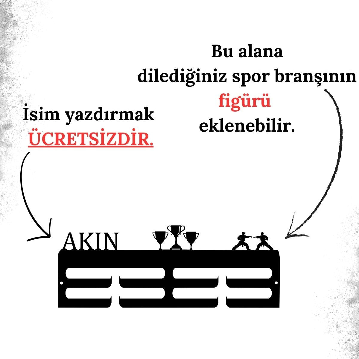Ürün hakkında isim yazımı, ölçü ve tasarım detayları için satıcıya soru sorabileceğinizi anlatan bilgilendirme görseli.