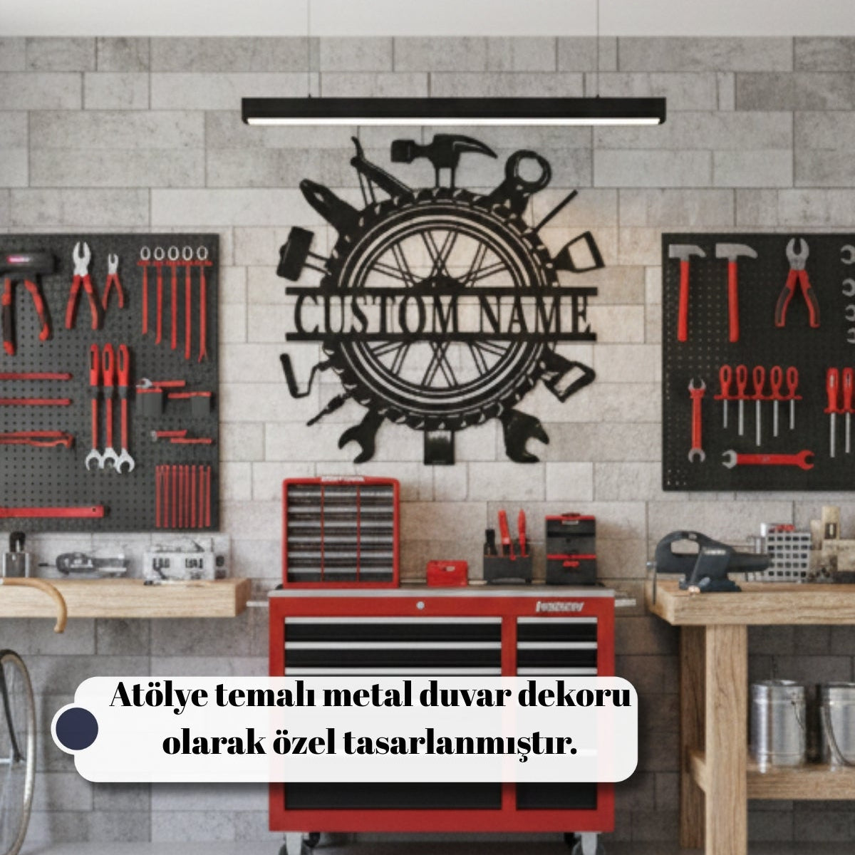 Atölye ve garaj şartlarına uygun, 1.5 mm kalınlığında çelikten üretilmiş ve mat siyah elektrostatik boya ile kaplanmış lazer kesim metal dekoratif levha.