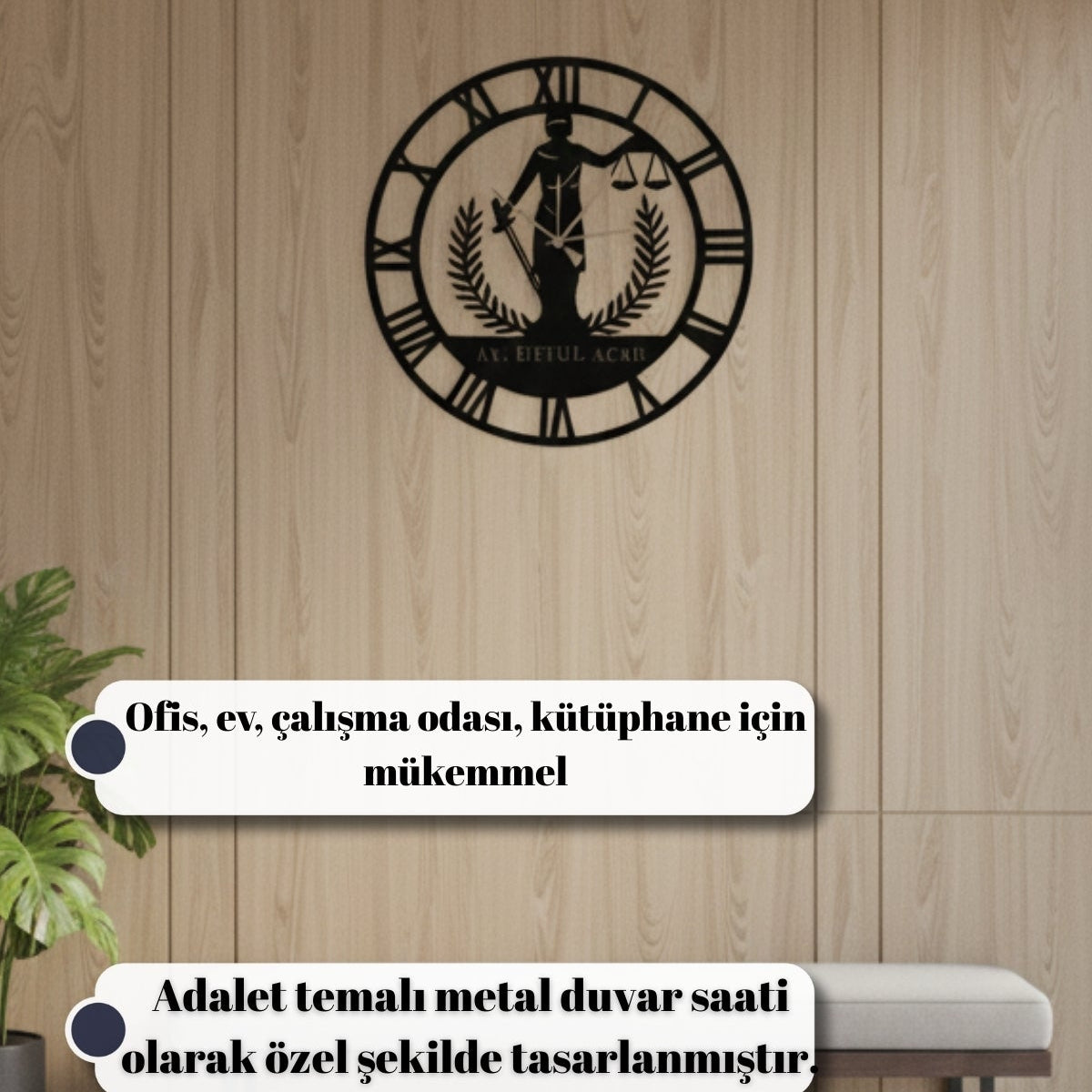 1.5 mm kalınlığında dayanıklı çelikten üretilmiş, ofis şıklığına uygun mat siyah elektrostatik boyalı lazer kesim metal duvar saati.