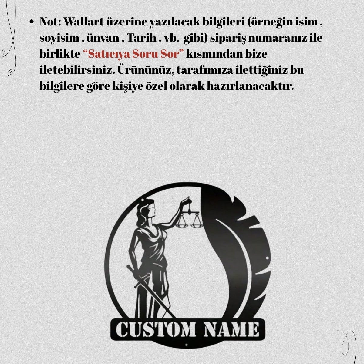 Ürün üzerine yazılacak isim ve unvan bilgilerinin satıcıya soru sor kısmından iletilmesi gerektiğini açıklayan bilgilendirme görseli.