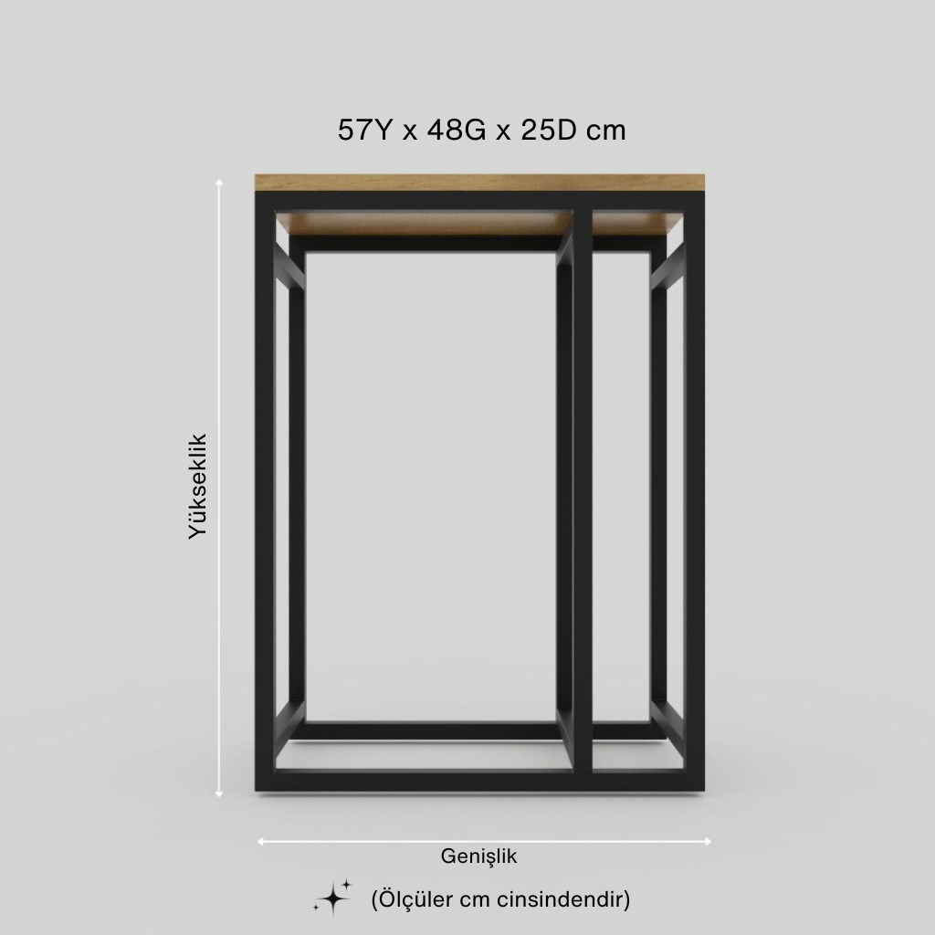 Siyah metal ayaklı ve ahşap tablalı, modern tasarımlı yan sehpanın santimetre cinsinden temel ölçülerini (Yükseklik: 57 cm, Genişlik: 48 cm, Derinlik: 25 cm) gösteren teknik çizim.