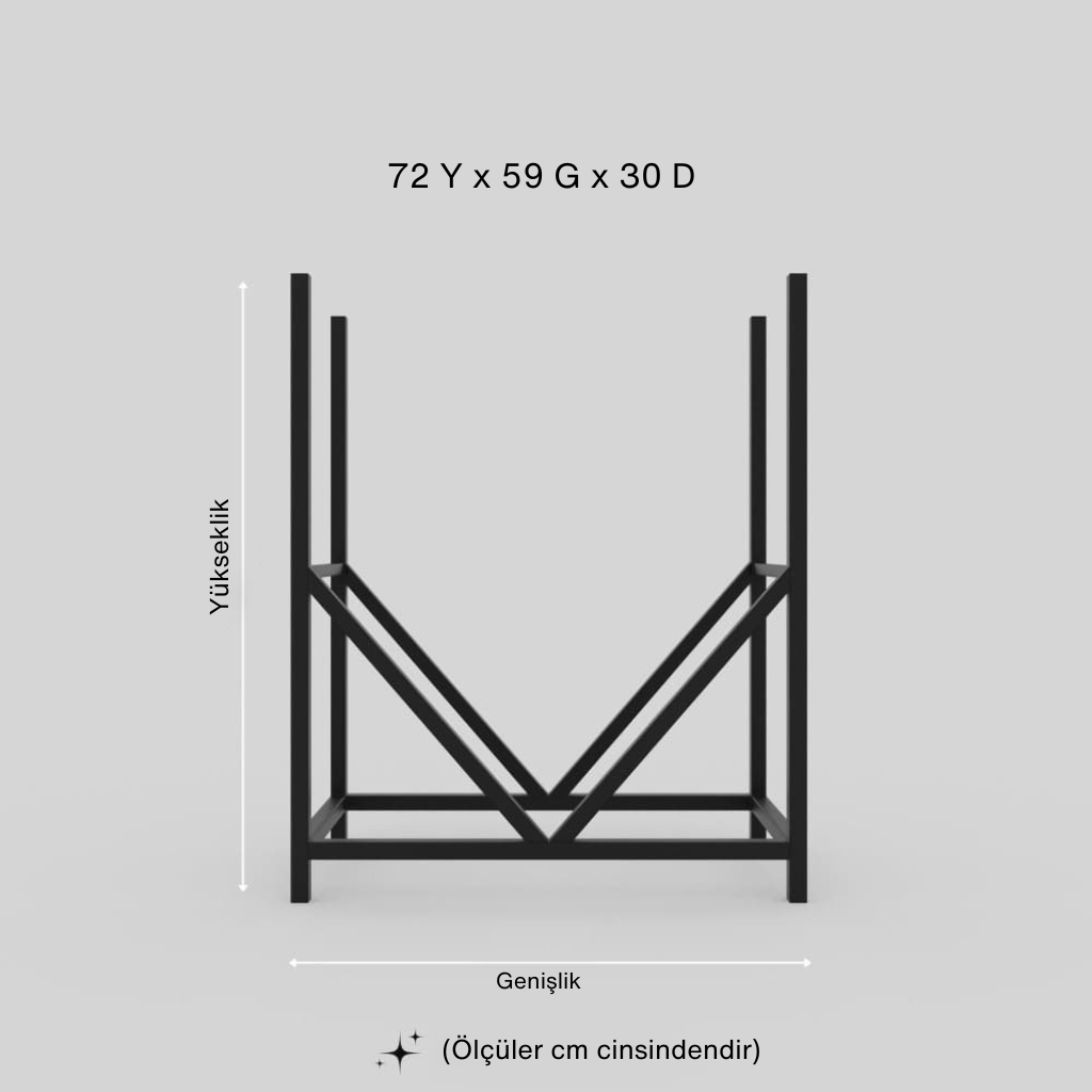 V şeklinde taban destekli, siyah metal odunluk standının ölçü çizimi. Ürünün cm cinsinden boyutları belirtilmiştir: 72 Yükseklik x 59 Genişlik x 30 Derinlik.