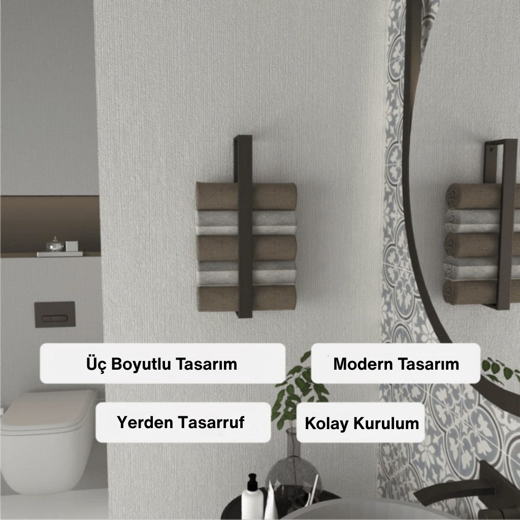 Modern banyo için minimalist tasarımlı, yerden tasarruf sağlayan siyah metal havlu rafı.