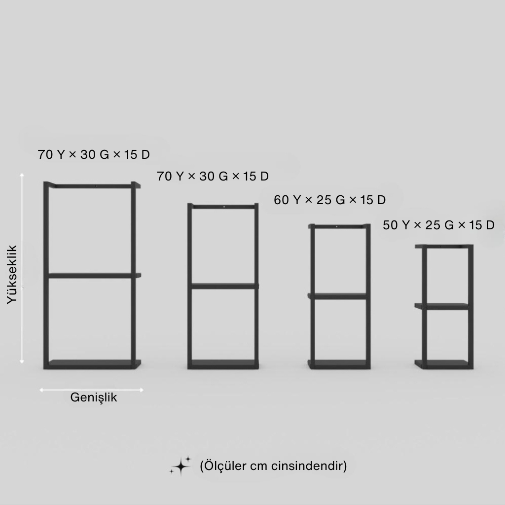 4 farklı boyut seçeneğiyle minimalist metal banyo rafı ölçü tablosu – modern, duvara monte, havlu ve aksesuar depolama çözümü.