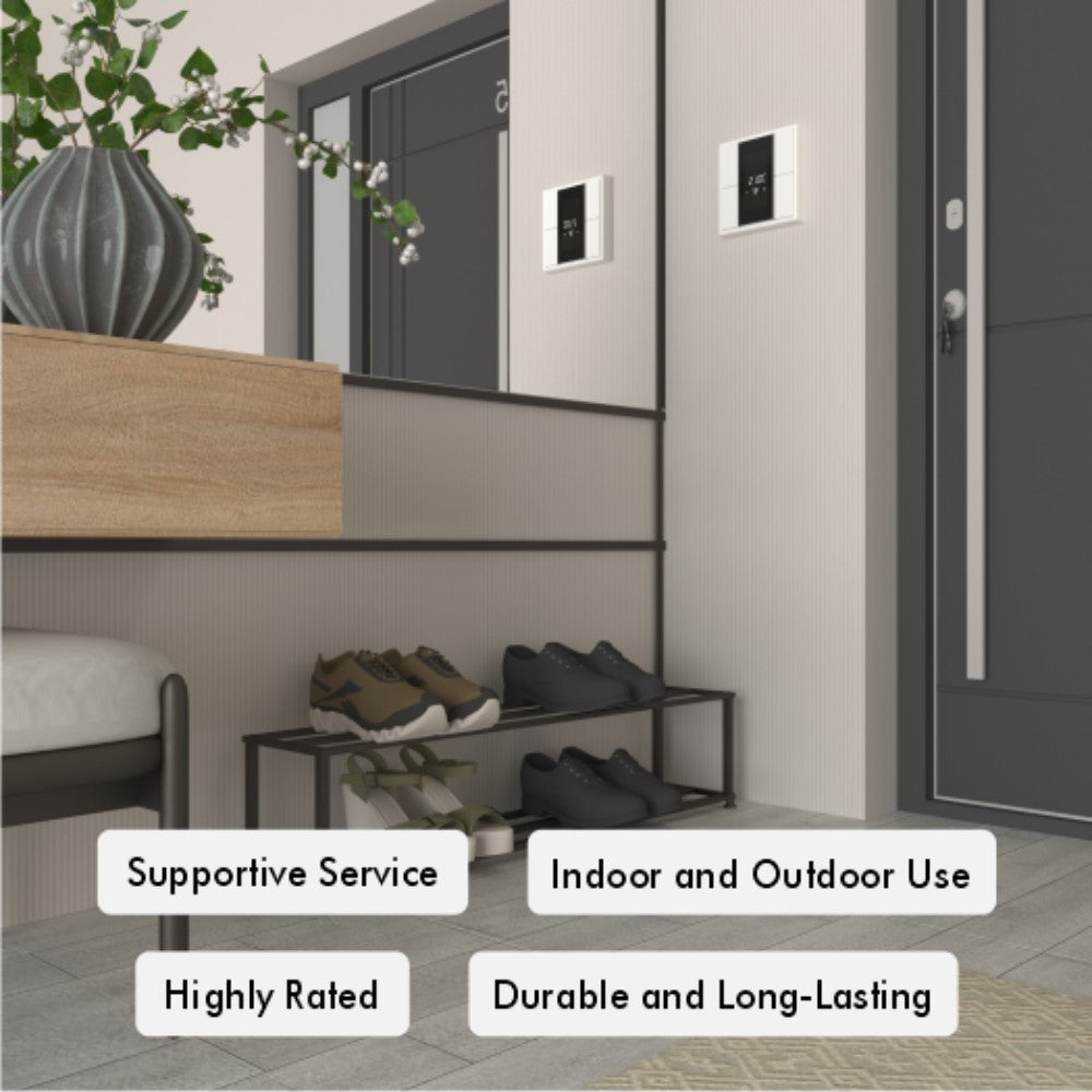 Minimalist two-tier metal shoe rack placed in a modern entryway, holding multiple pairs of shoes. The image highlights key features such as "Supportive Service," "Highly Rated," "Indoor and Outdoor Use," and "Durable and Long-Lasting."