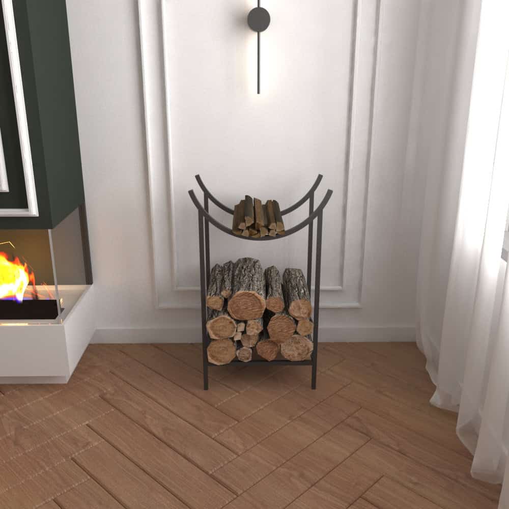 Minimalist siyah metal kütük ve tutuşturucu rafı, şık kavisli bir tasarıma sahip, beyaz duvarlar ve doğal ahşap zeminli modern bir iç mekanda gösterilmiştir.