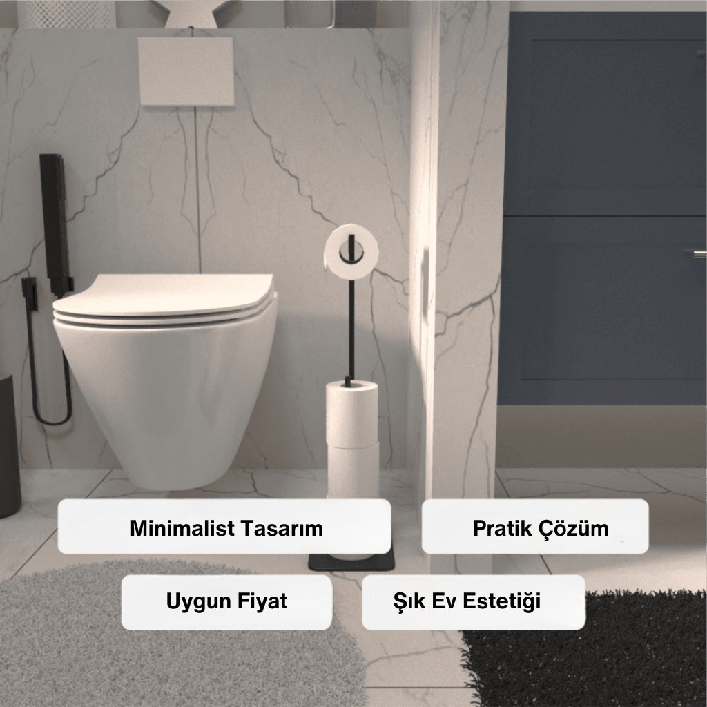 “Minimalist siyah metal tuvalet kağıdı tutucu – modern banyo dekoru için pratik ve şık çözüm”