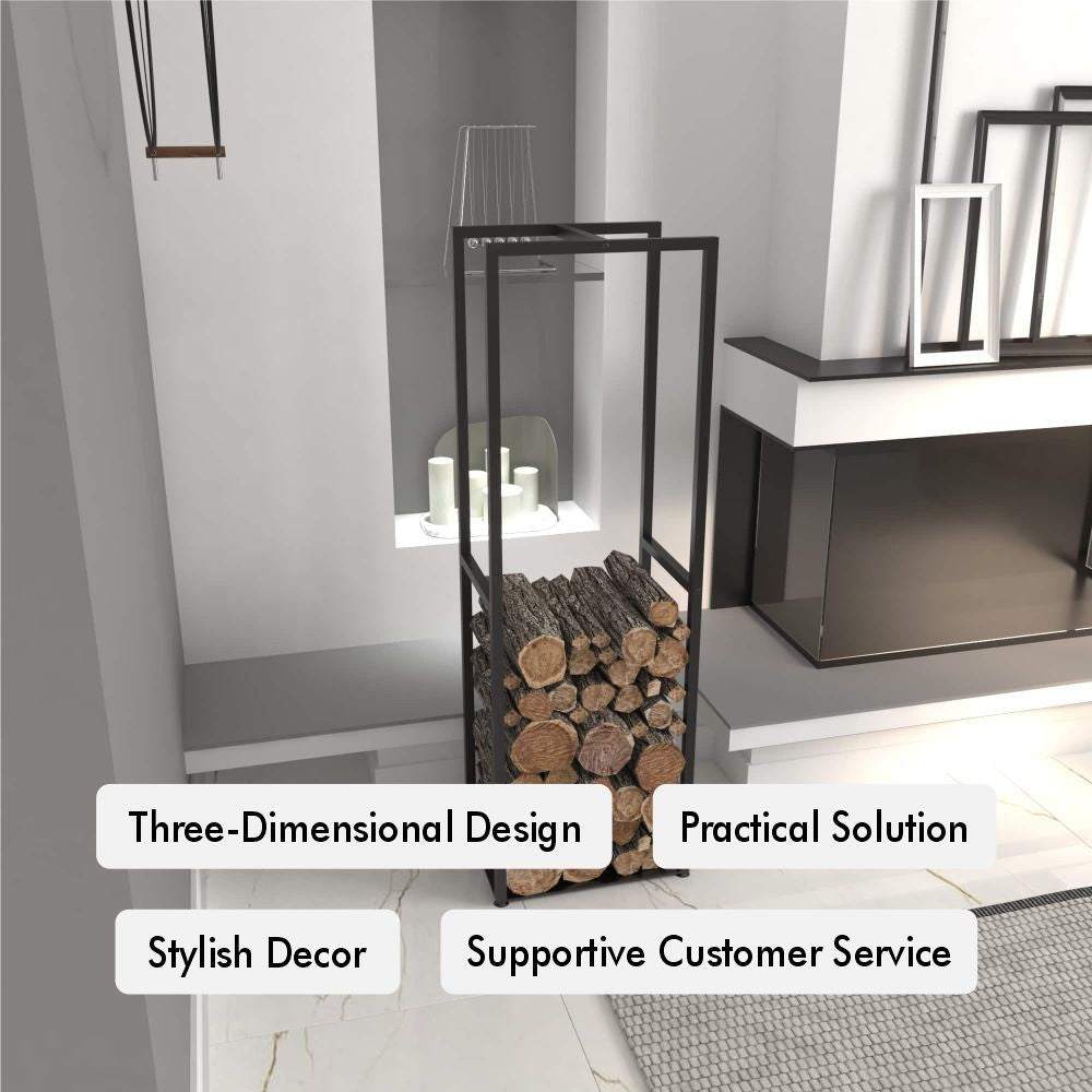 A tall black metal firewood rack filled with neatly stacked logs, placed in a modern interior with light marble flooring and minimalist decor. The room features a recessed shelf with decorative candles and a sleek contemporary design.