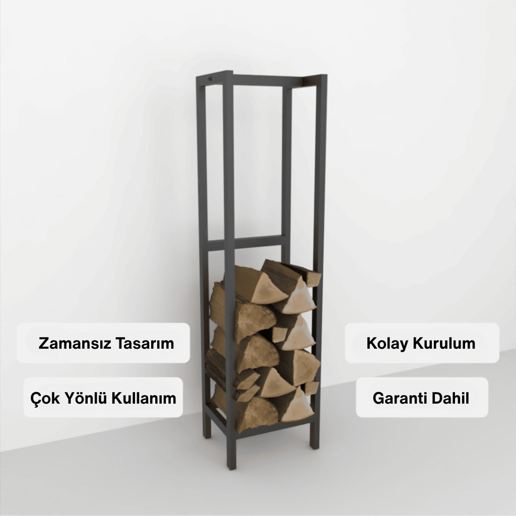 Zamansız tasarıma sahip modern metal şömine odunluğu – çok yönlü kullanım, kolay kurulum ve garanti dahil özellikleriyle şık ve işlevsel depolama çözümü
