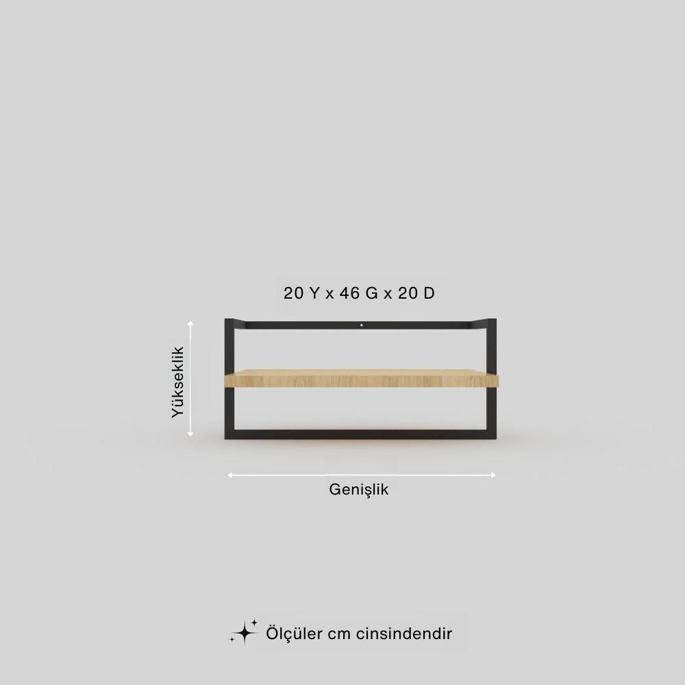 “Tek katlı metal çerçeveli duvar rafı – 20 cm yükseklik, 46 cm genişlik, 20 cm derinlik ölçülerinde, minimalist tasarım.”