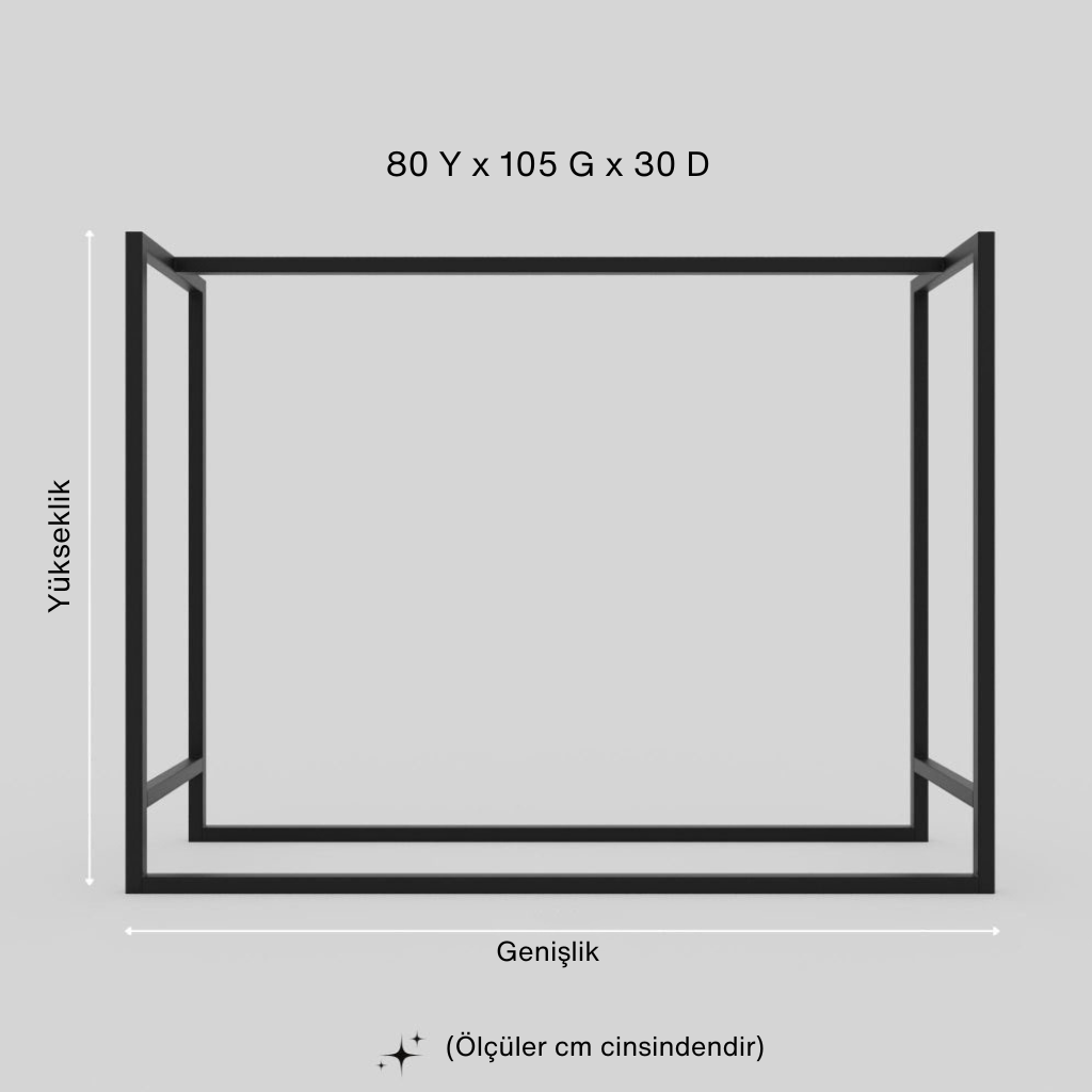 Siyah metal, dikdörtgen çerçeve odunluğun temel ölçülerini (80Y x 105G x 30D cm) gösteren teknik çizim
