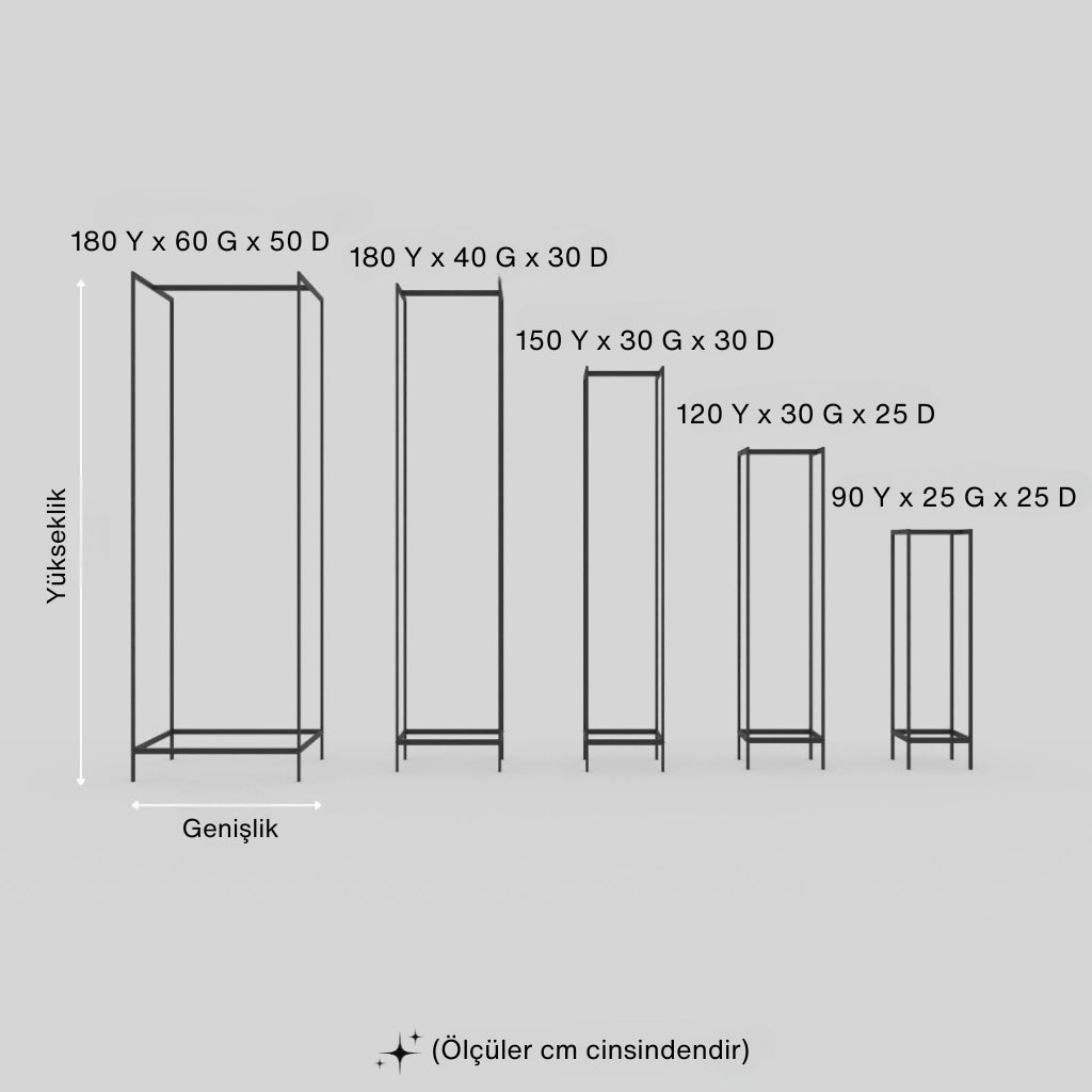 Farklı ölçü seçeneklerine sahip dikey metal şömine odunluk modelleri – 180 cm’den 90 cm’ye kadar yükseklik, genişlik ve derinlik ölçüleriyle modern ve işlevsel depolama çözümleri