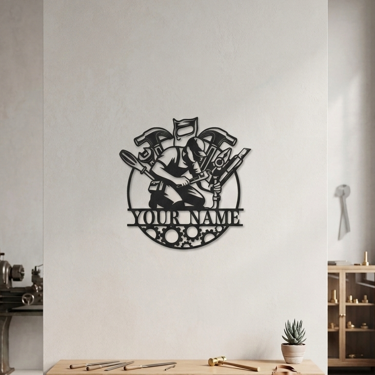 Tamirci aletleri ve disli cark figurlu siyah metal duvar dekorasyonu.