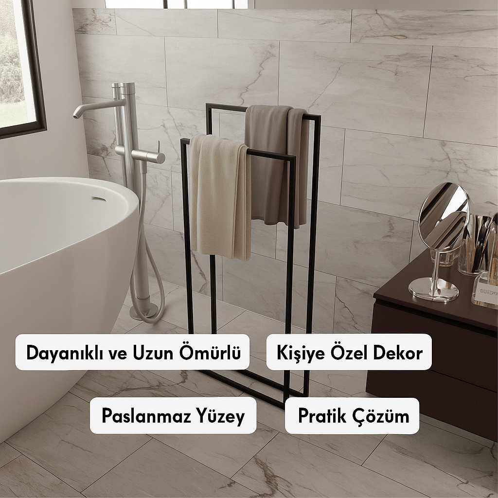“Modern banyoda tavana monte edilmiş siyah metal çerçeve askılık, üzerine asılmış havlu ile birlikte duvara sabitlenmiş şekilde görülüyor; yüksek kalite, modern tasarım ve çok yönlü kullanım vurgulanmış.”