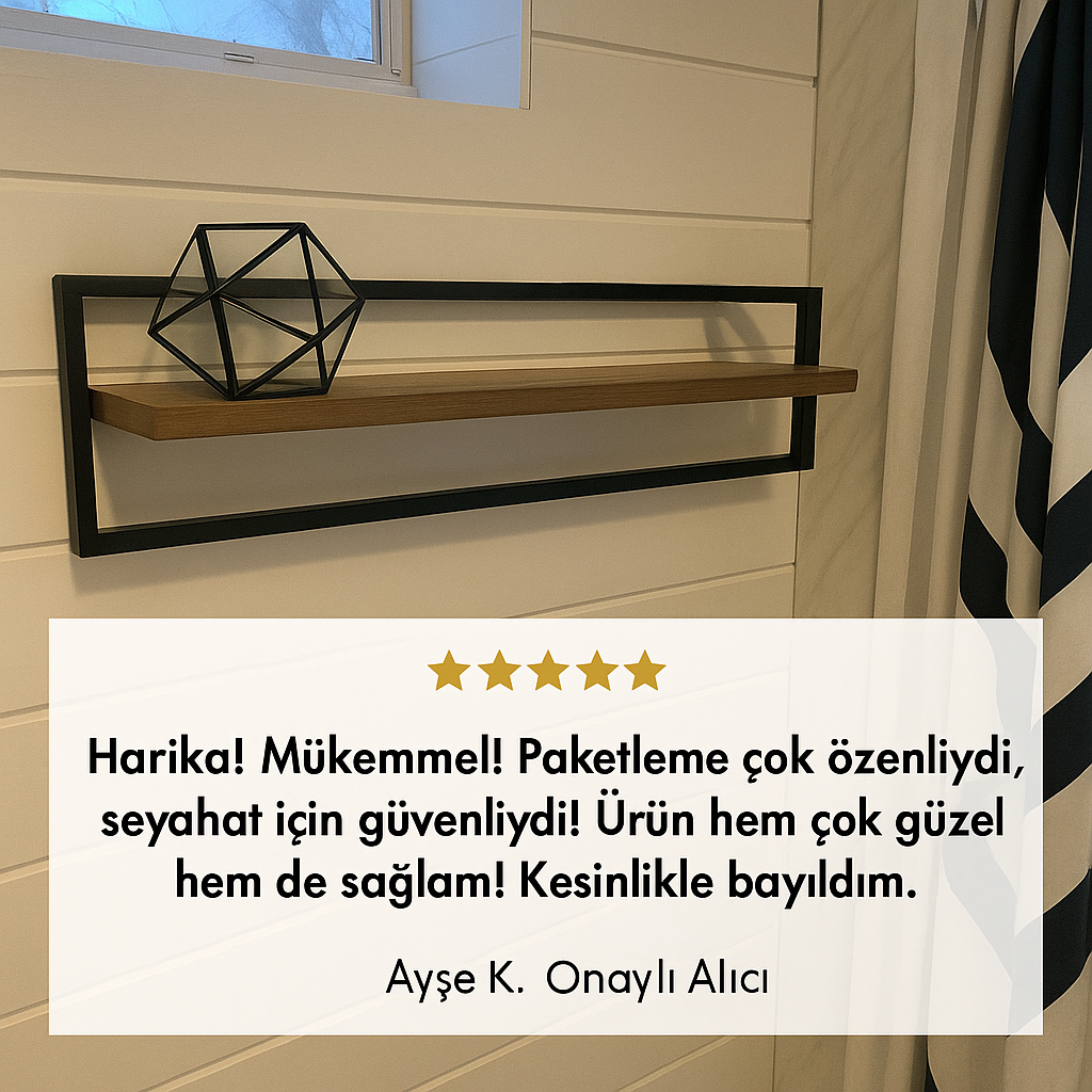 “Duvara monte edilen tek katlı metal çerçeveli ahşap raf – müşteri yorumu: sağlam, güvenli paketleme, şık ve dayanıklı tasarım.”