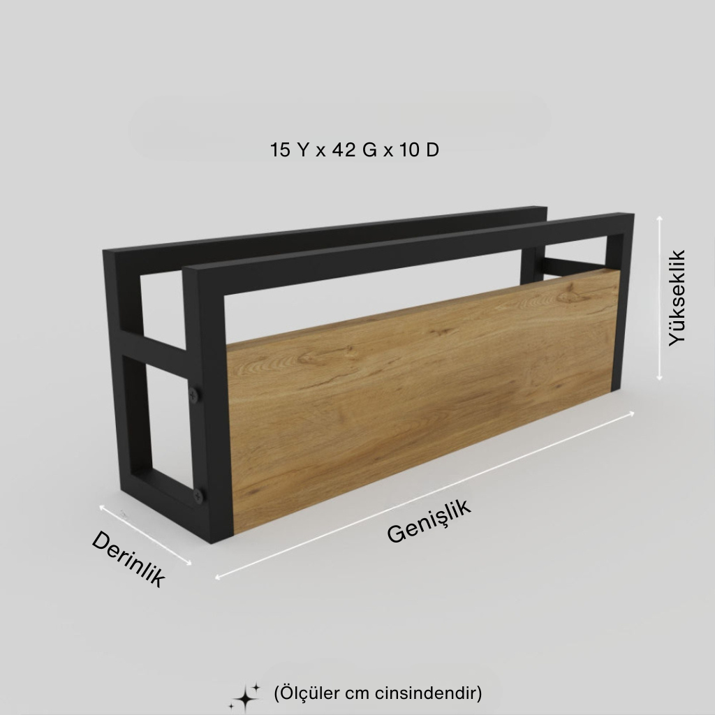 "Siyah metal çerçeveli ve ahşap detaylı duvar rafı, ölçüleri 15Y x 42G x 10D cm olarak belirtilmiş, modern ve şık tasarım."