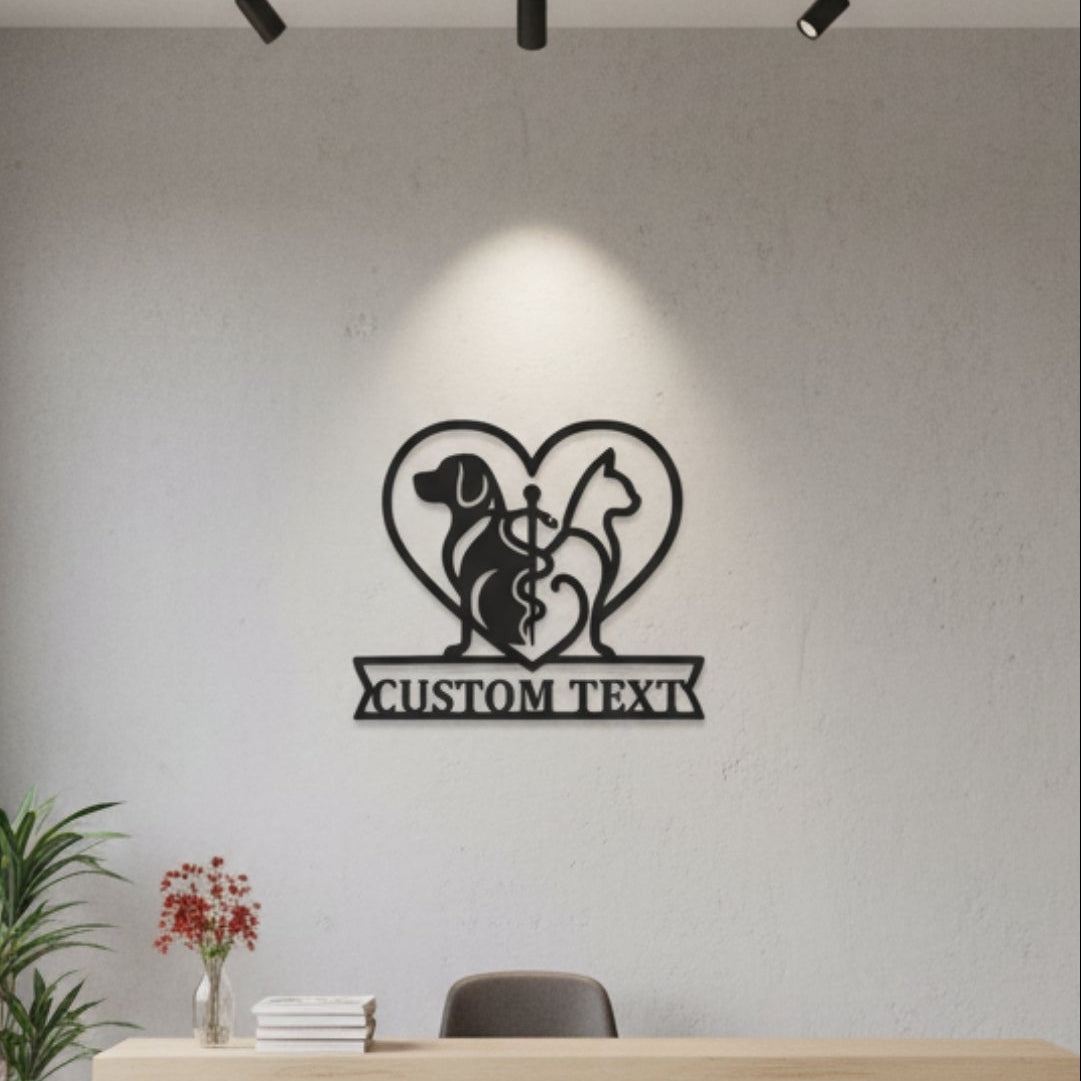 Merkezinde tıp sembolü bulunan, estetik hatlara sahip kedi ve köpek temalı lazer kesim siyah metal dekorasyon ürünü.