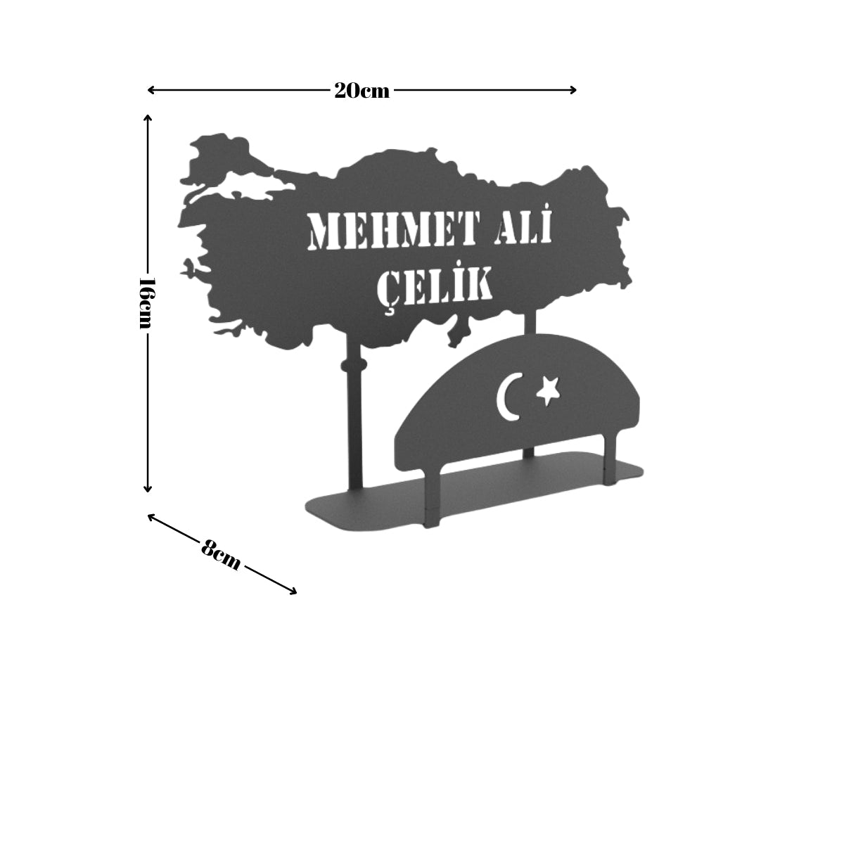 Türkiye haritası ve ay-yıldız figürlü metal ofis isimliğinin 20 cm genişlik, 16 cm yükseklik ve 8 cm derinlik ölçülerini gösteren teknik çizim görseli.