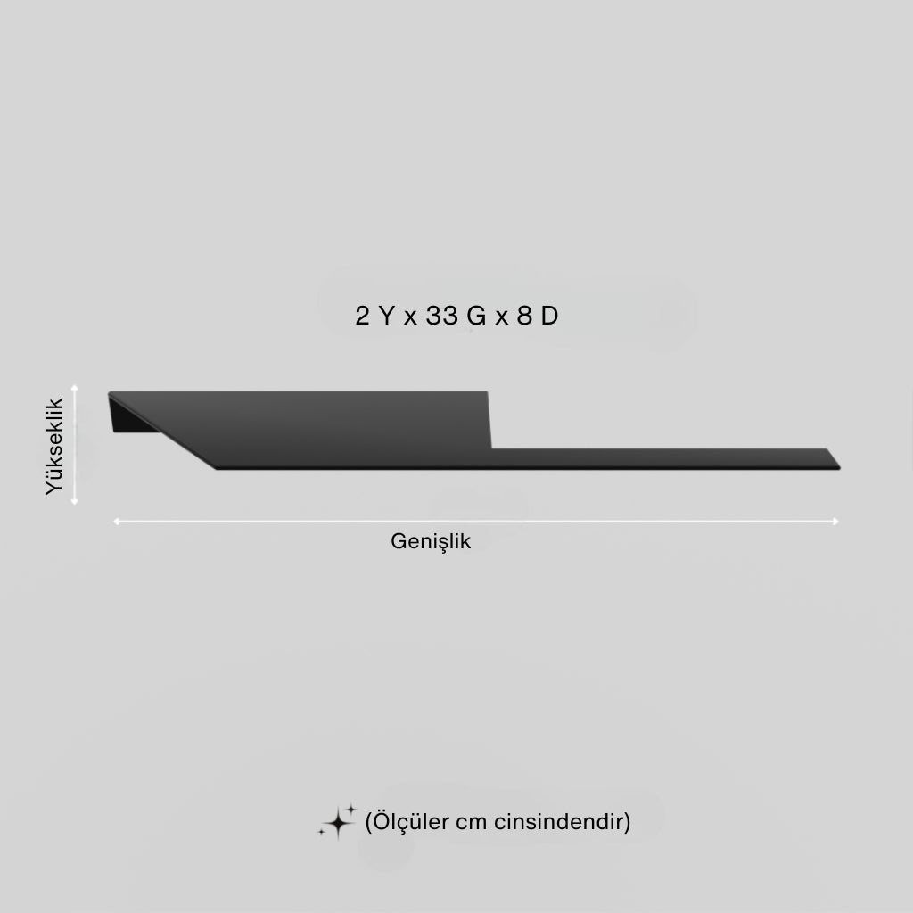 2 cm yüksekliğinde, 33 cm genişliğinde ve 8 cm derinliğinde siyah metal tuvalet kağıdı rafı ölçü görseli