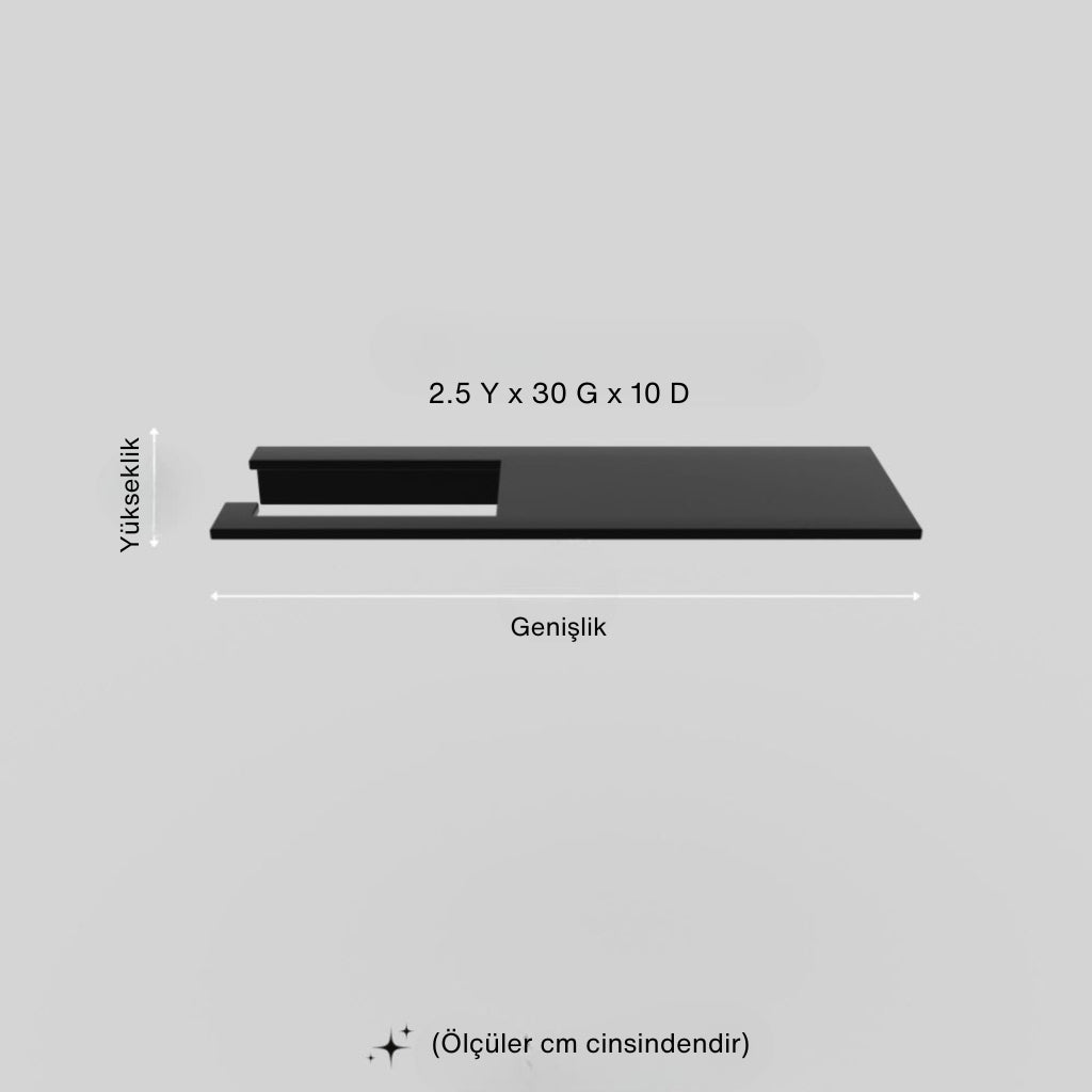 “Siyah metal tuvalet kağıdı tutucu teknik çizim – 2.5cm yükseklik, 30 cm genişlik, 10 cm derinlik ölçülerinde, modern ve kompakt banyo tasarımı.”