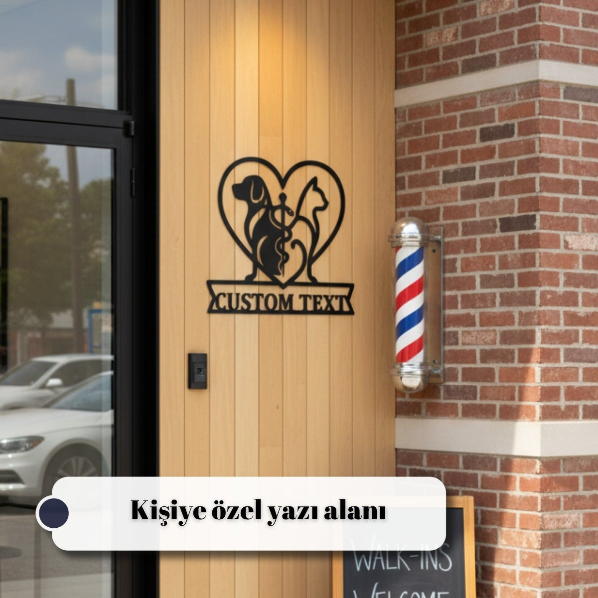 Yeni klinik açan veteriner hekimler için isim veya unvan yazılarak özelleştirilebilen anlamlı bir metal duvar sanatı hediyesi.