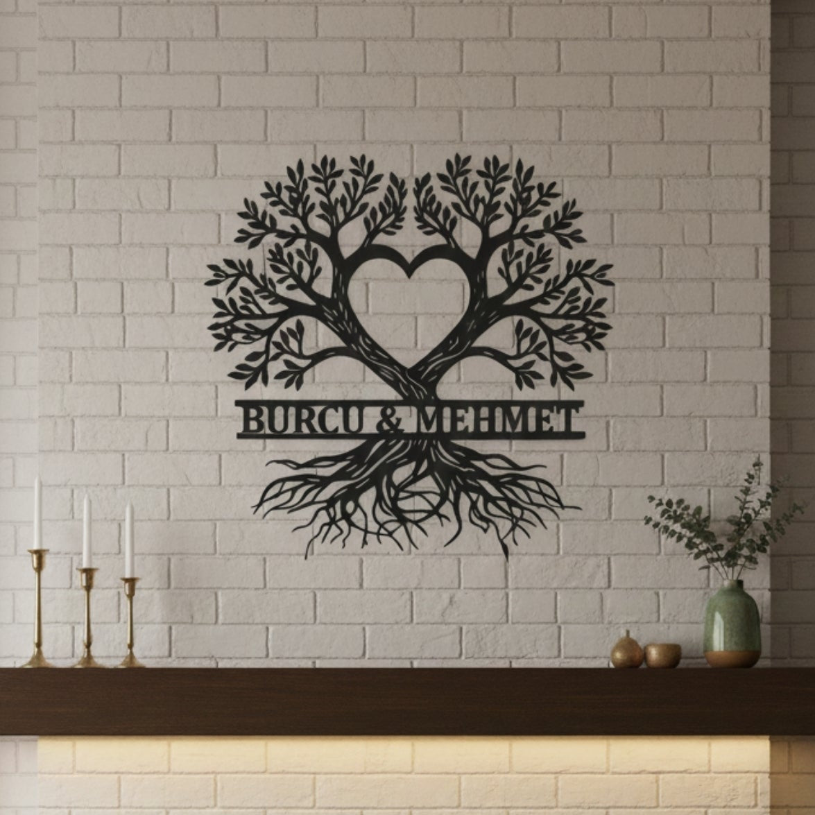 Yatak odası veya oturma odası duvarlarına romantik bir hava katan, çift isimlerine özel hazırlanan lazer kesim metal dekorasyon ürünü.