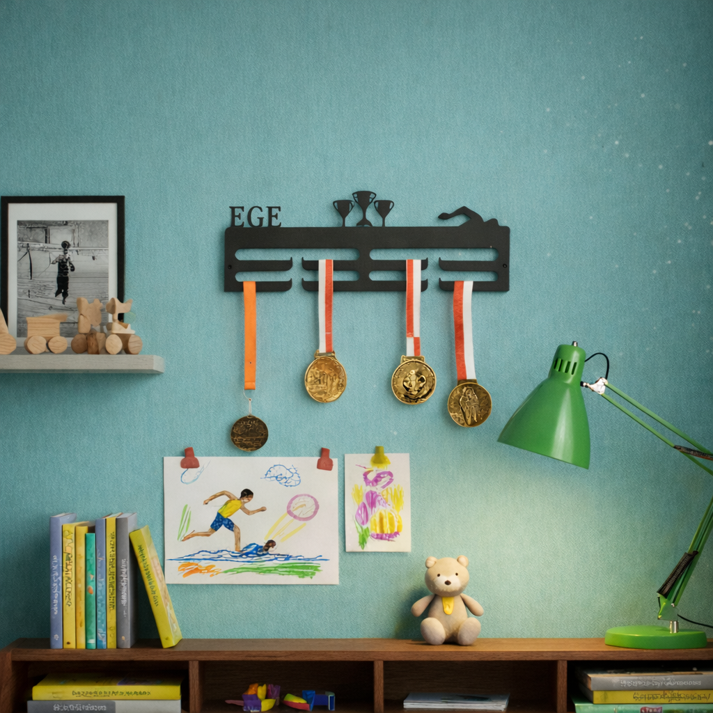 İsme özel olarak tasarlanmış, yüzücü figürlü metal madalya askılığı.